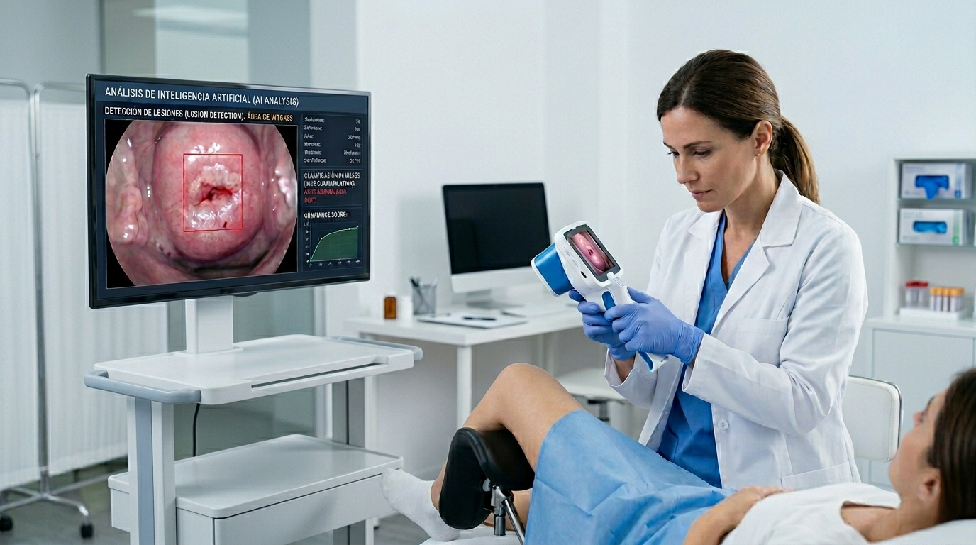Médica realizando colposcopia asistida por inteligencia artificial con análisis en pantalla